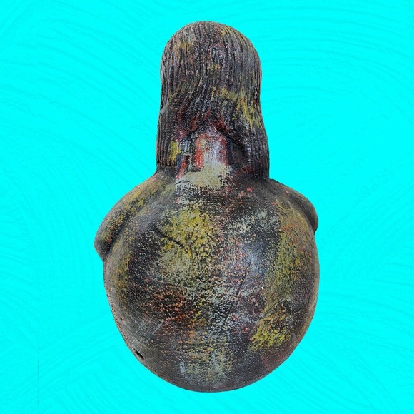 Vtg Peruvian Folk Art Pottery Figurine Chulucanas 10” Black Multicolor Overwash - Picture 4 of 11